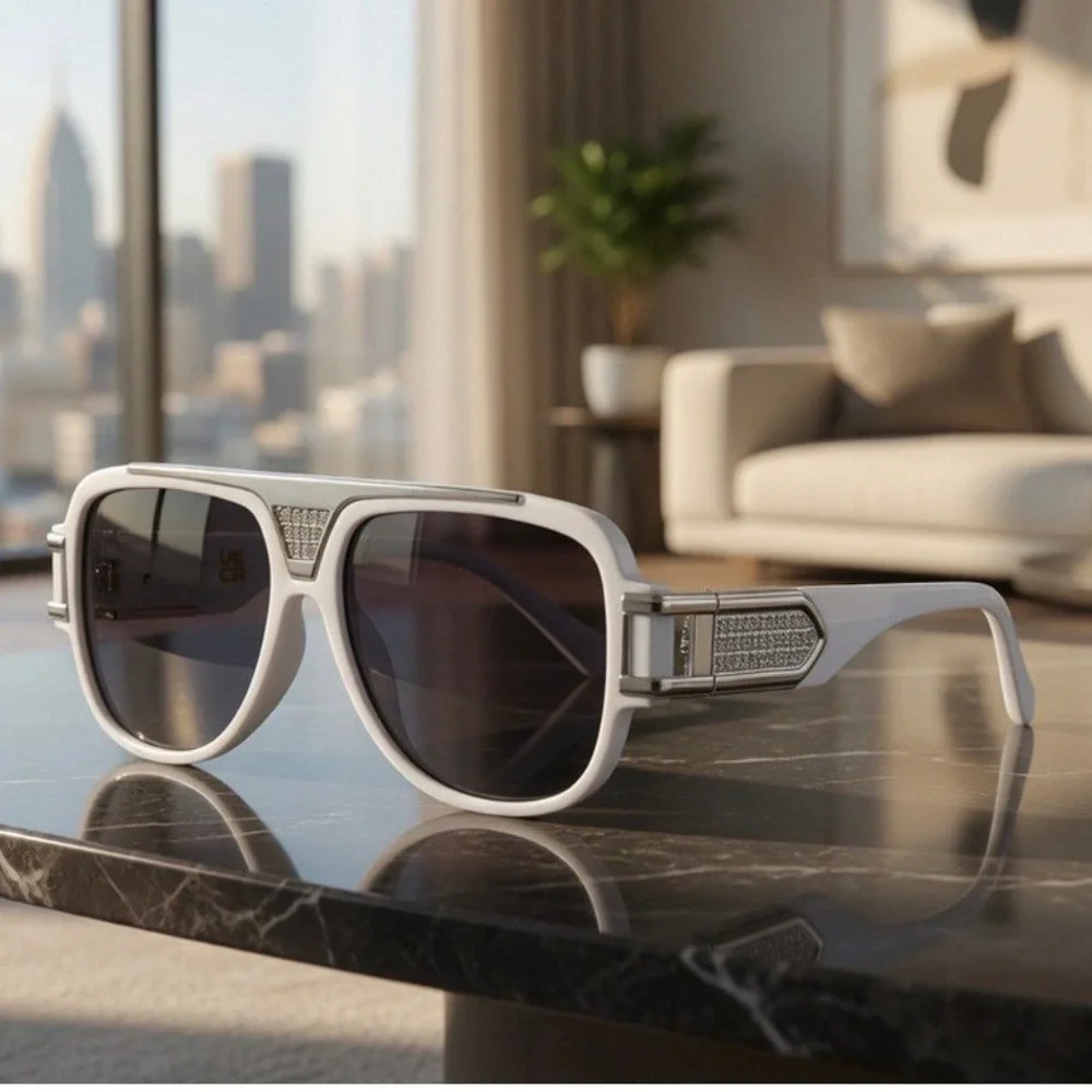 Men Oversized Sunglasses bold modern thick white frame striking silver hardware